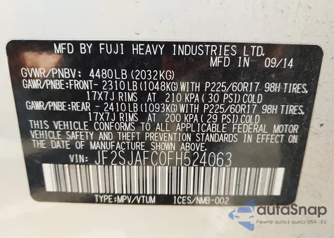 2015 Subaru Forester 2.5I Premium from USA, damaged, VIN JF2SJAFC0FH524063